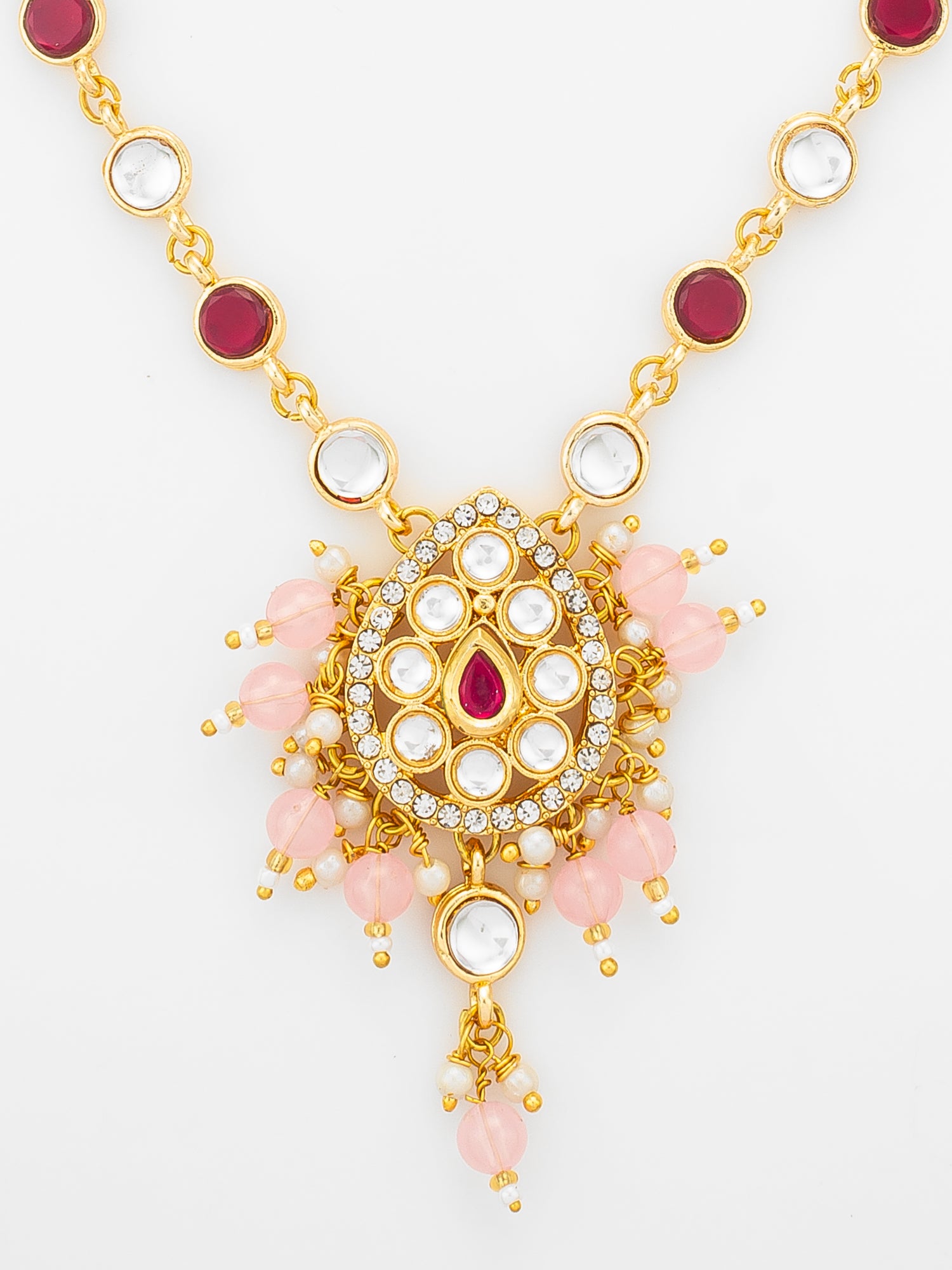 Aadita Ruby Red and Pink Bead Gold Plated Kundan Pendant Necklace Set