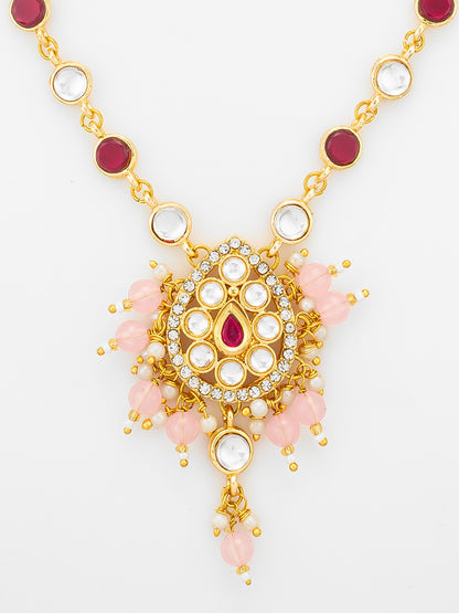 Aadita Ruby Red and Pink Bead Gold Plated Kundan Pendant Necklace Set