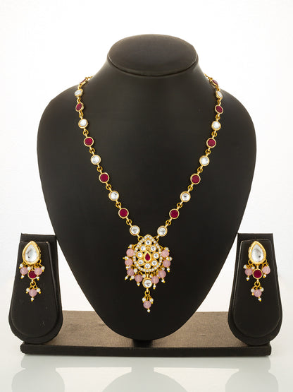 Aadita Ruby Red and Pink Bead Gold Plated Kundan Pendant Necklace Set