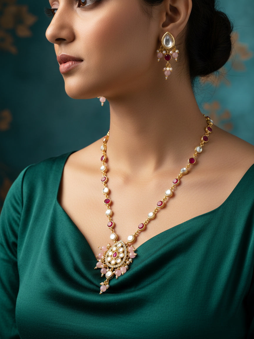 Aadita Ruby Red and Pink Bead Gold Plated Kundan Pendant Necklace Set