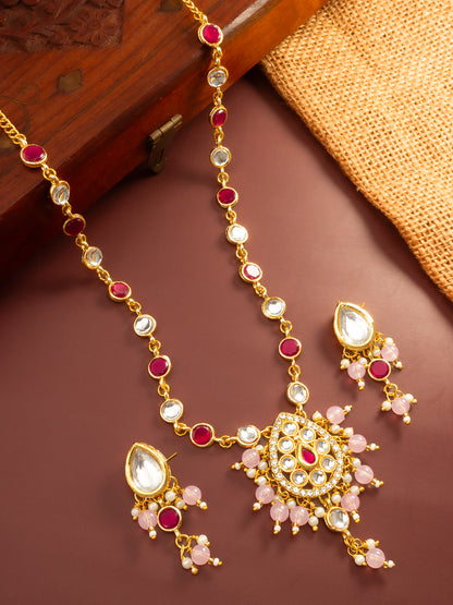 Aadita Ruby Red and Pink Bead Gold Plated Kundan Pendant Necklace Set