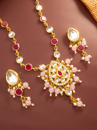 Aadita Ruby Red and Pink Bead Gold Plated Kundan Pendant Necklace Set