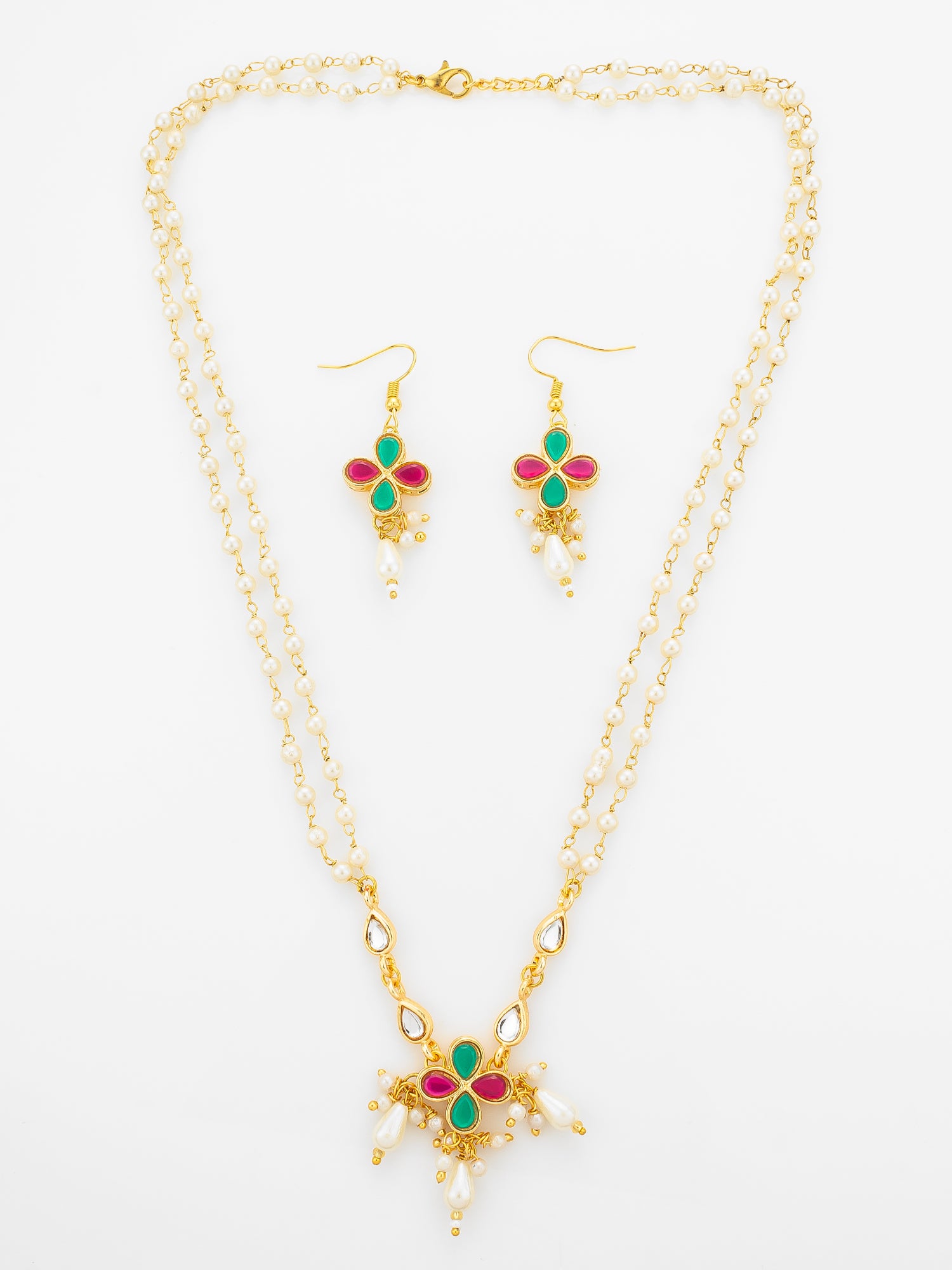 Aadita Double Strand Pearl Gold Plated Necklace with Floral Kundan Pendant