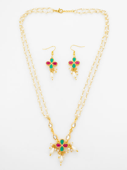 Aadita Double Strand Pearl Gold Plated Necklace with Floral Kundan Pendant