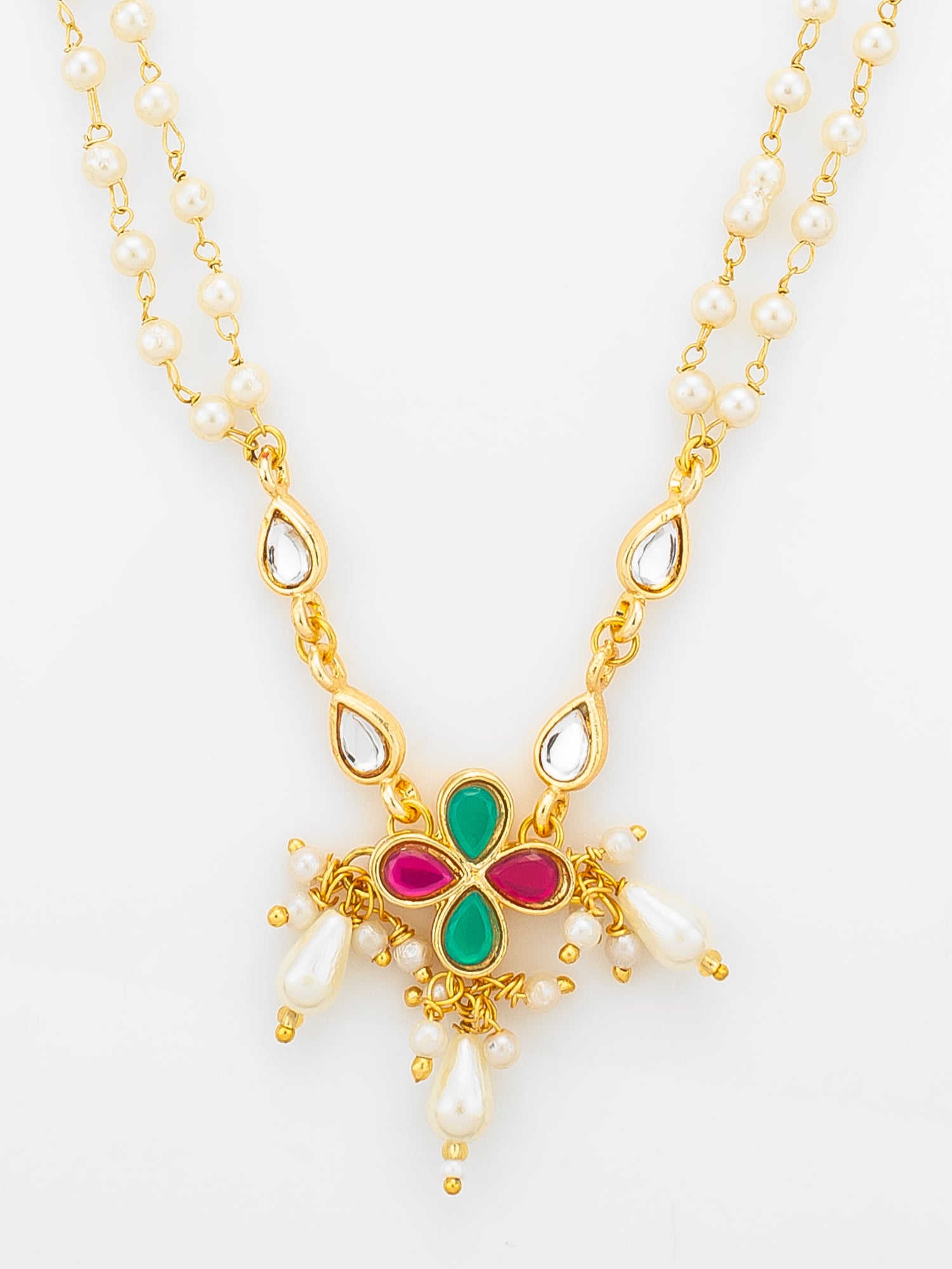 Aadita Double Strand Pearl Gold Plated Necklace with Floral Kundan Pendant