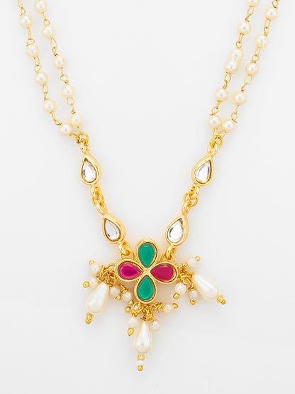 Aadita Double Strand Pearl Gold Plated Necklace with Floral Kundan Pendant