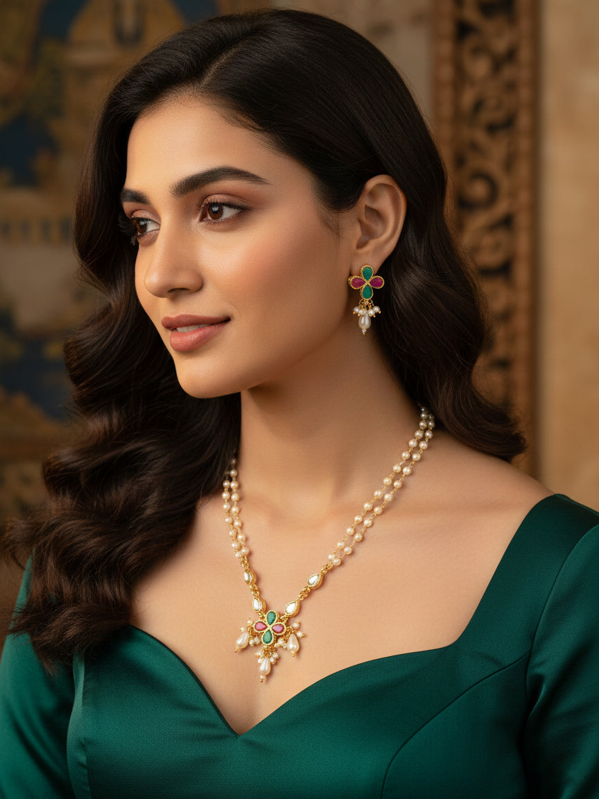 Aadita Double Strand Pearl Gold Plated Necklace with Floral Kundan Pendant