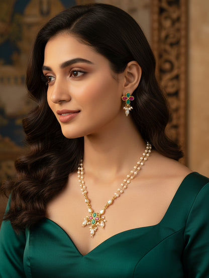 Aadita Double Strand Pearl Gold Plated Necklace with Floral Kundan Pendant