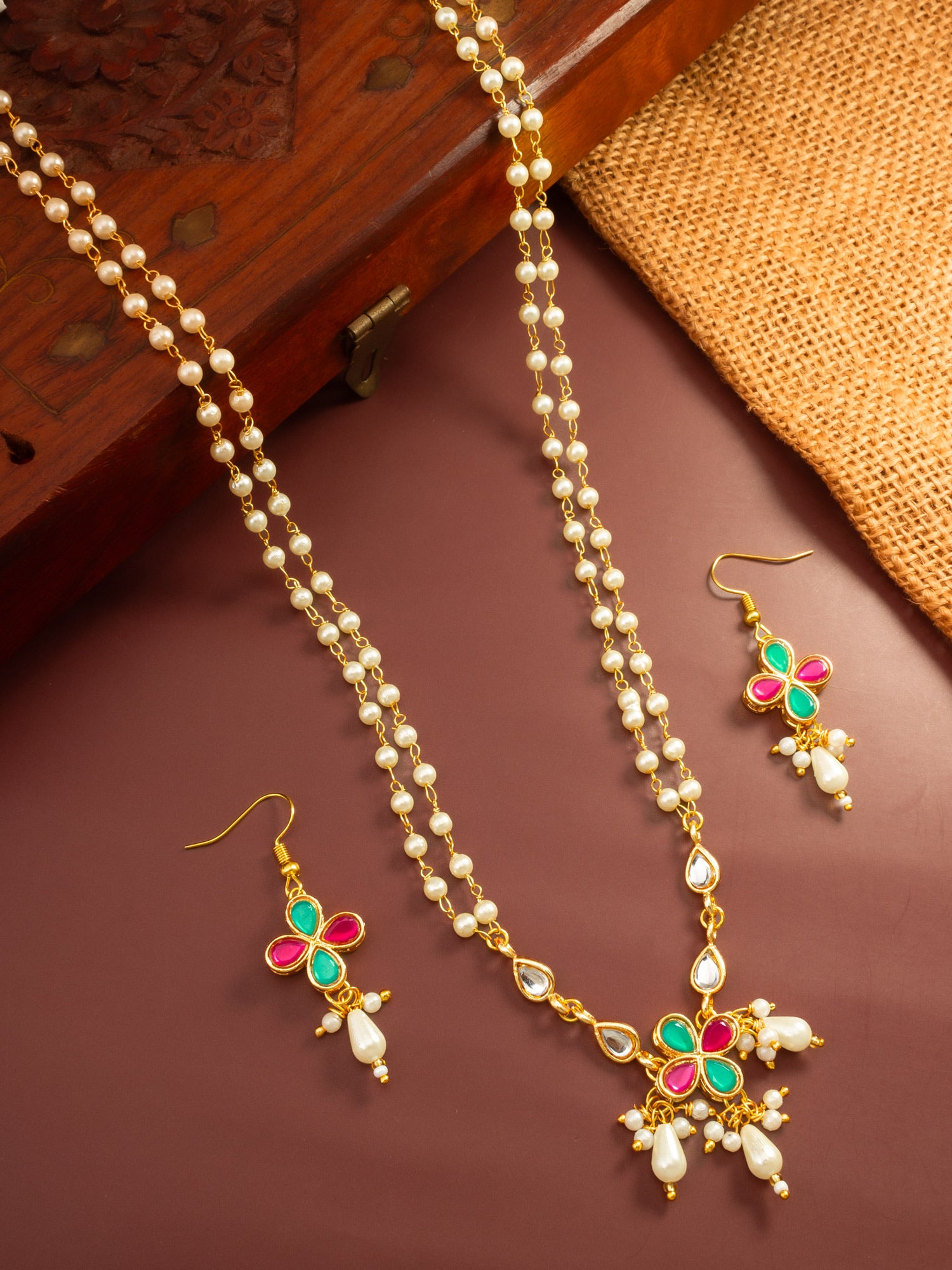 Aadita Double Strand Pearl Gold Plated Necklace with Floral Kundan Pendant