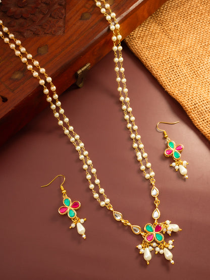 Aadita Double Strand Pearl Gold Plated Necklace with Floral Kundan Pendant