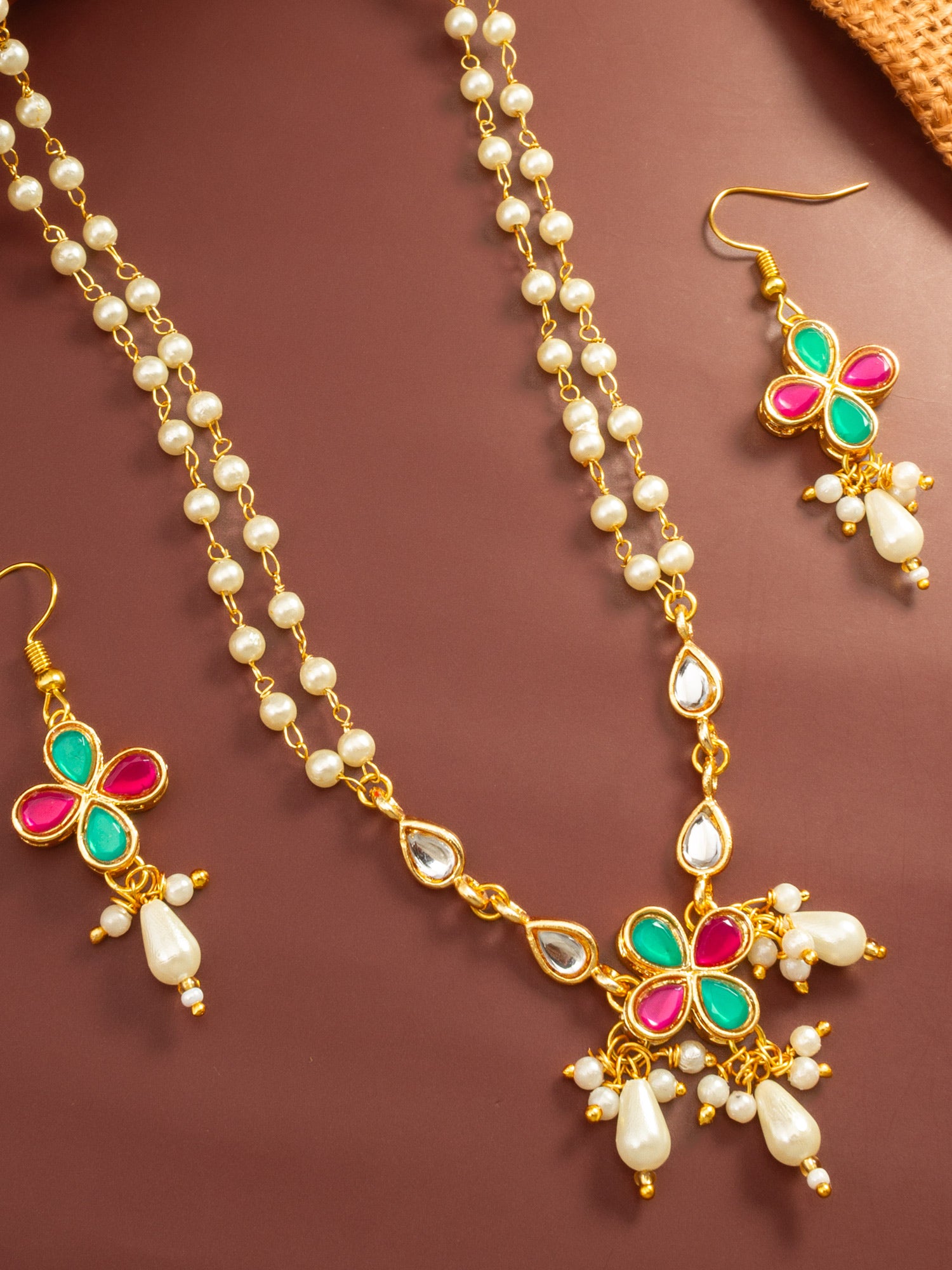 Aadita Double Strand Pearl Gold Plated Necklace with Floral Kundan Pendant