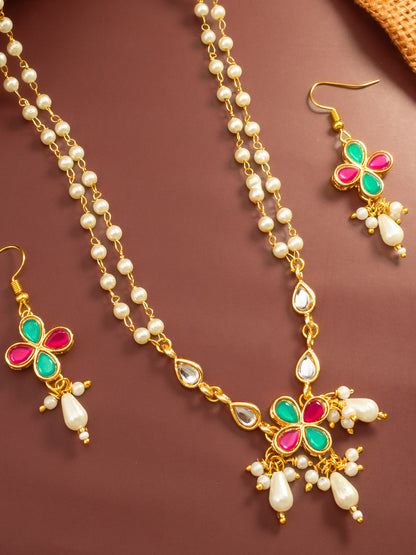 Aadita Double Strand Pearl Gold Plated Necklace with Floral Kundan Pendant