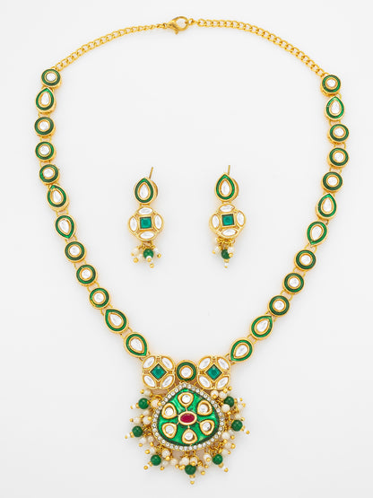 Aadita Green Enamel Meenakari and Kundan Gold Plated Necklace Set