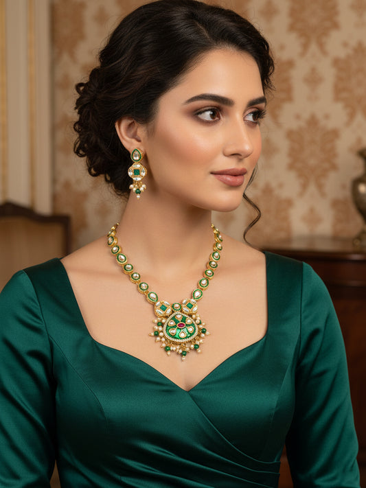 Aadita Green Enamel Meenakari and Kundan Gold Plated Necklace Set