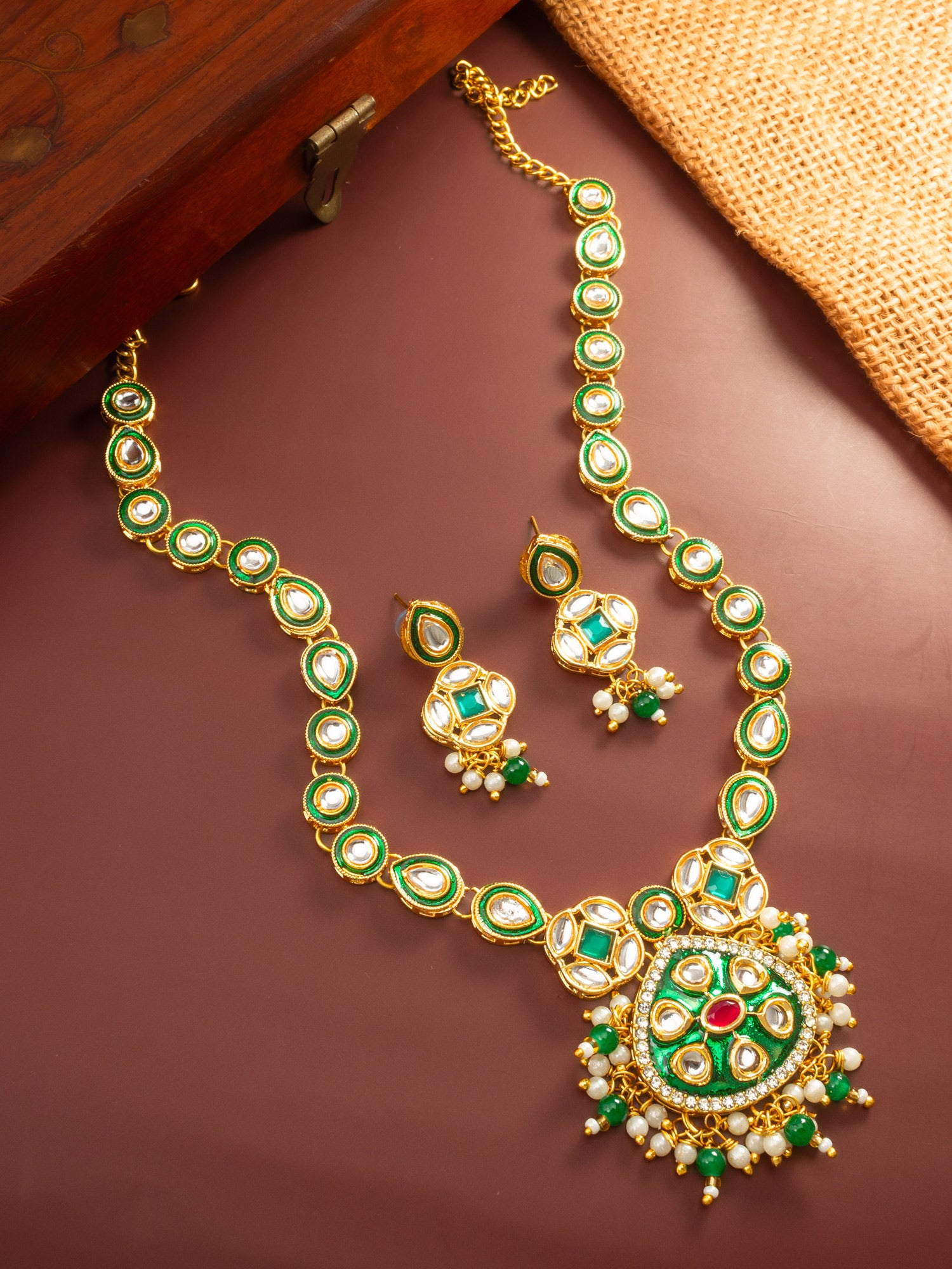 Aadita Green Enamel Meenakari and Kundan Gold Plated Necklace Set