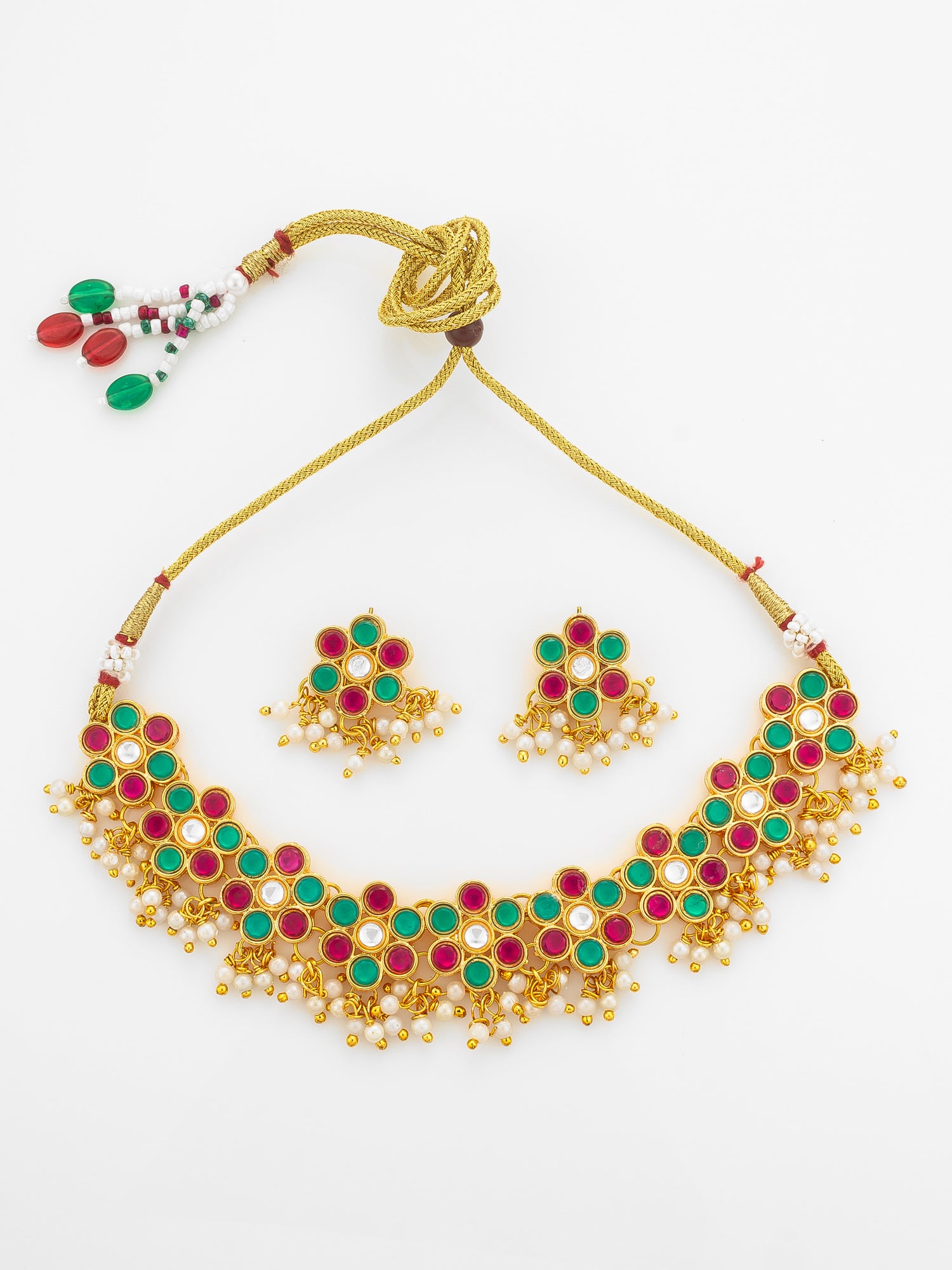 Aadita Multi-Color Kundan Gold Plated Choker Necklace with Pearl Hangings