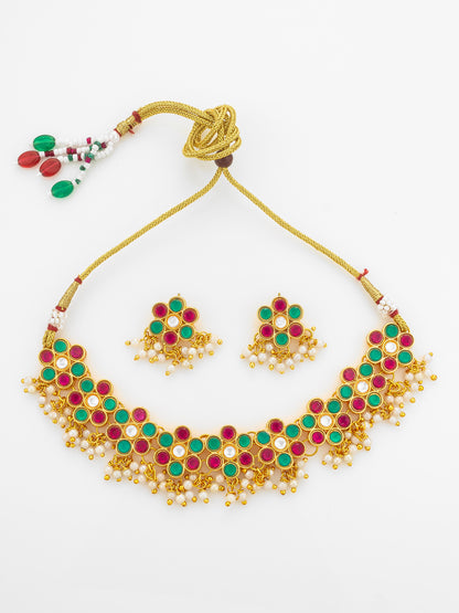 Aadita Multi-Color Kundan Gold Plated Choker Necklace with Pearl Hangings
