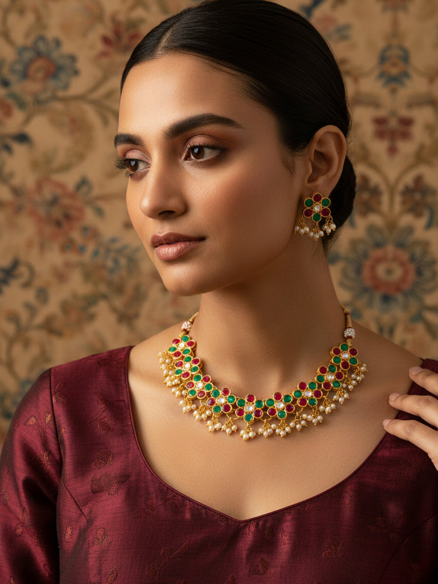 Aadita Multi-Color Kundan Gold Plated Choker Necklace with Pearl Hangings