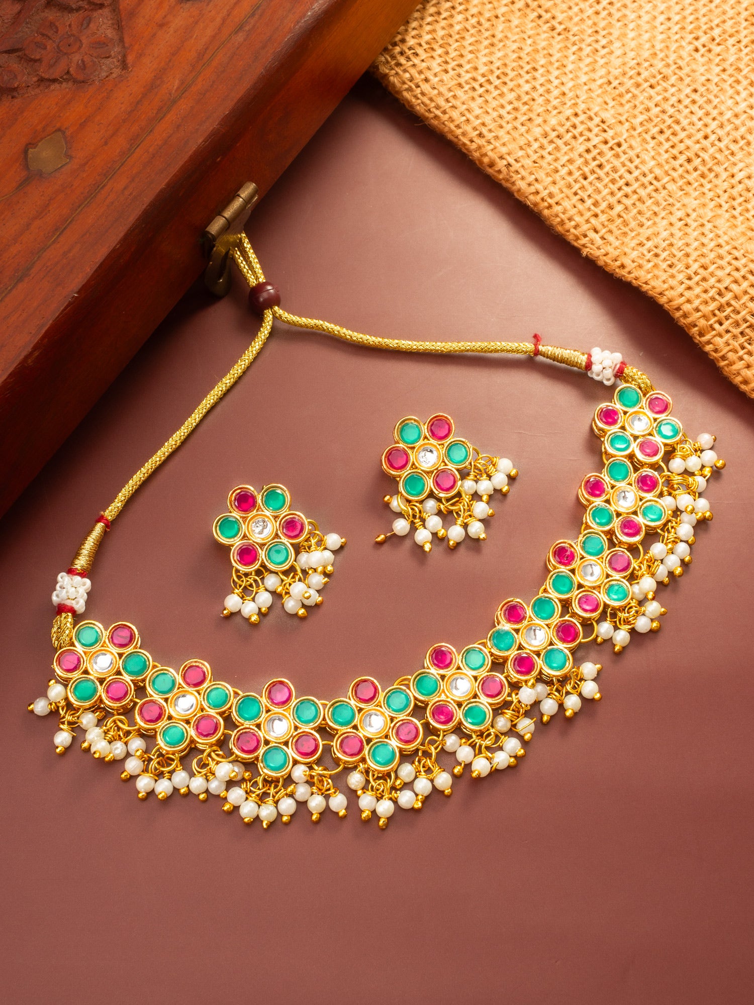 Aadita Multi-Color Kundan Gold Plated Choker Necklace with Pearl Hangings