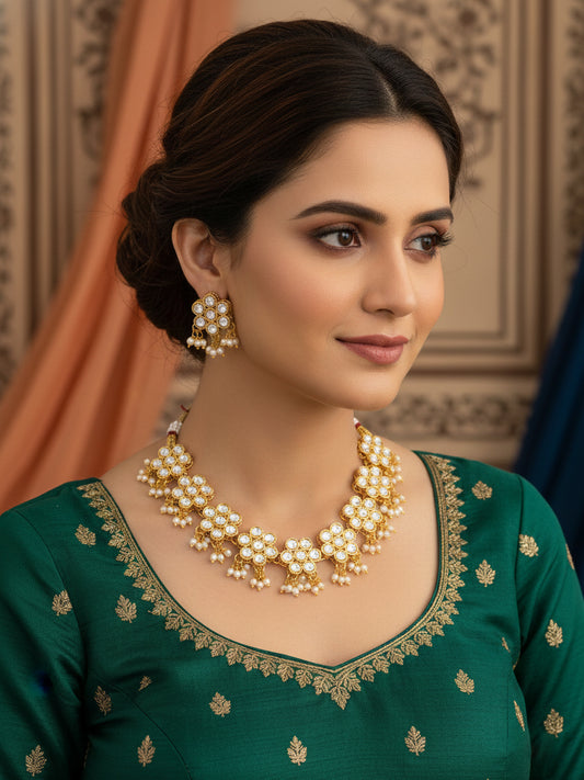 Aadita Traditional Gold Plated Kundan Choker Necklace Set with Pearl Droplets