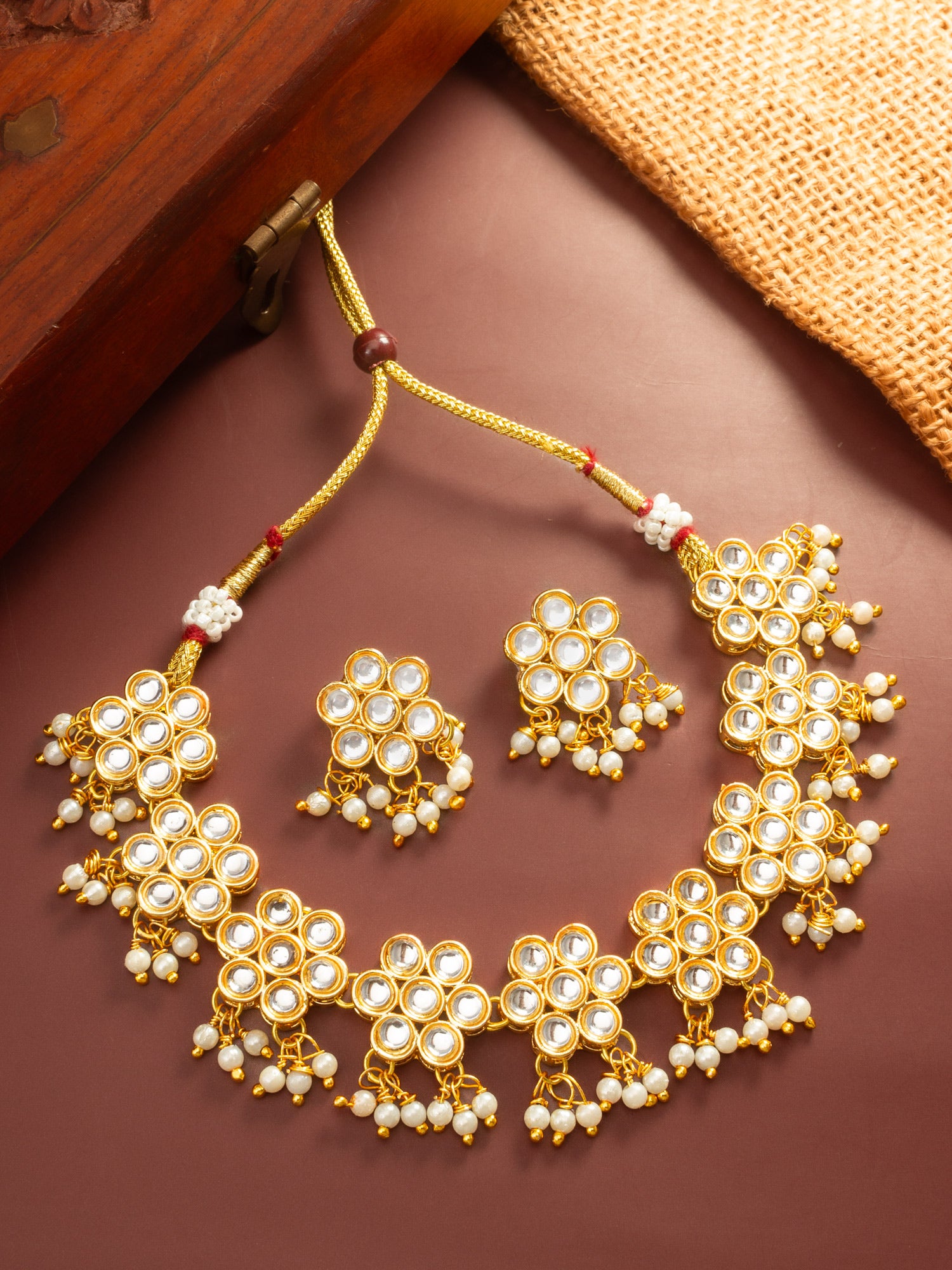 Aadita Traditional Gold Plated Kundan Choker Necklace Set with Pearl Droplets