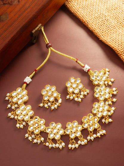Aadita Traditional Gold Plated Kundan Choker Necklace Set with Pearl Droplets