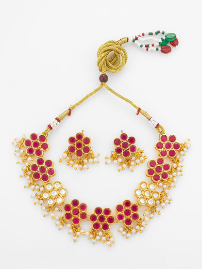 Aadita Gold Plated Pink Floral Kundan Necklace Set with Pearl Drops