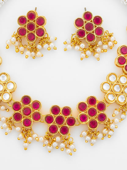 Aadita Gold Plated Pink Floral Kundan Necklace Set with Pearl Drops