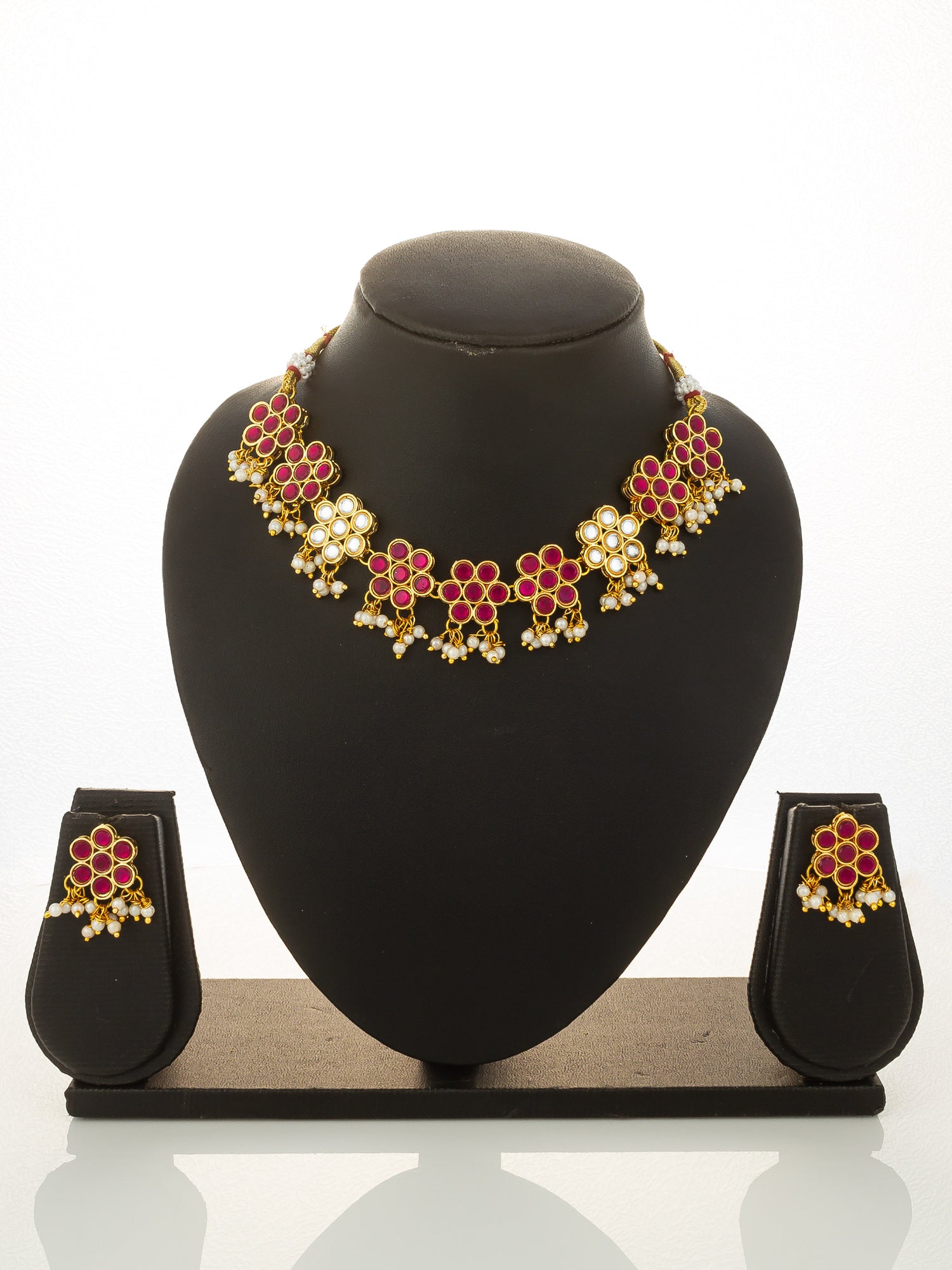 Aadita Gold Plated Pink Floral Kundan Necklace Set with Pearl Drops