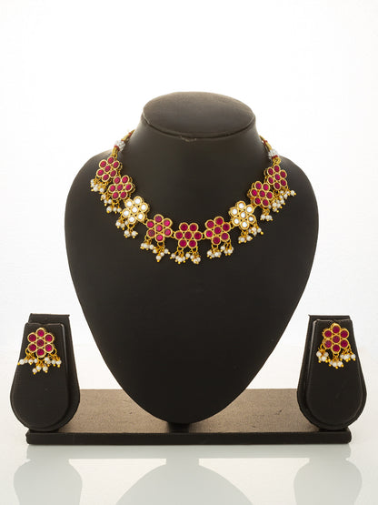 Aadita Gold Plated Pink Floral Kundan Necklace Set with Pearl Drops