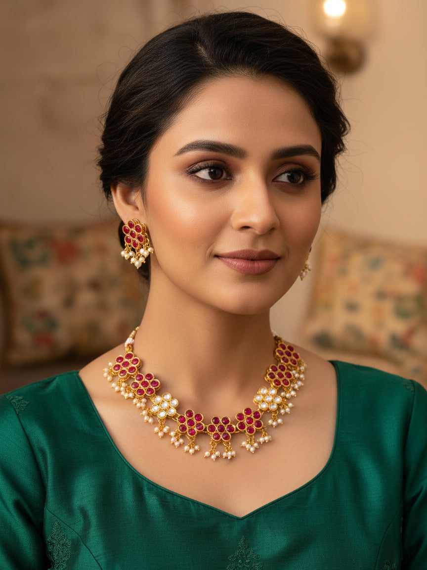 Aadita Gold Plated Pink Floral Kundan Necklace Set with Pearl Drops