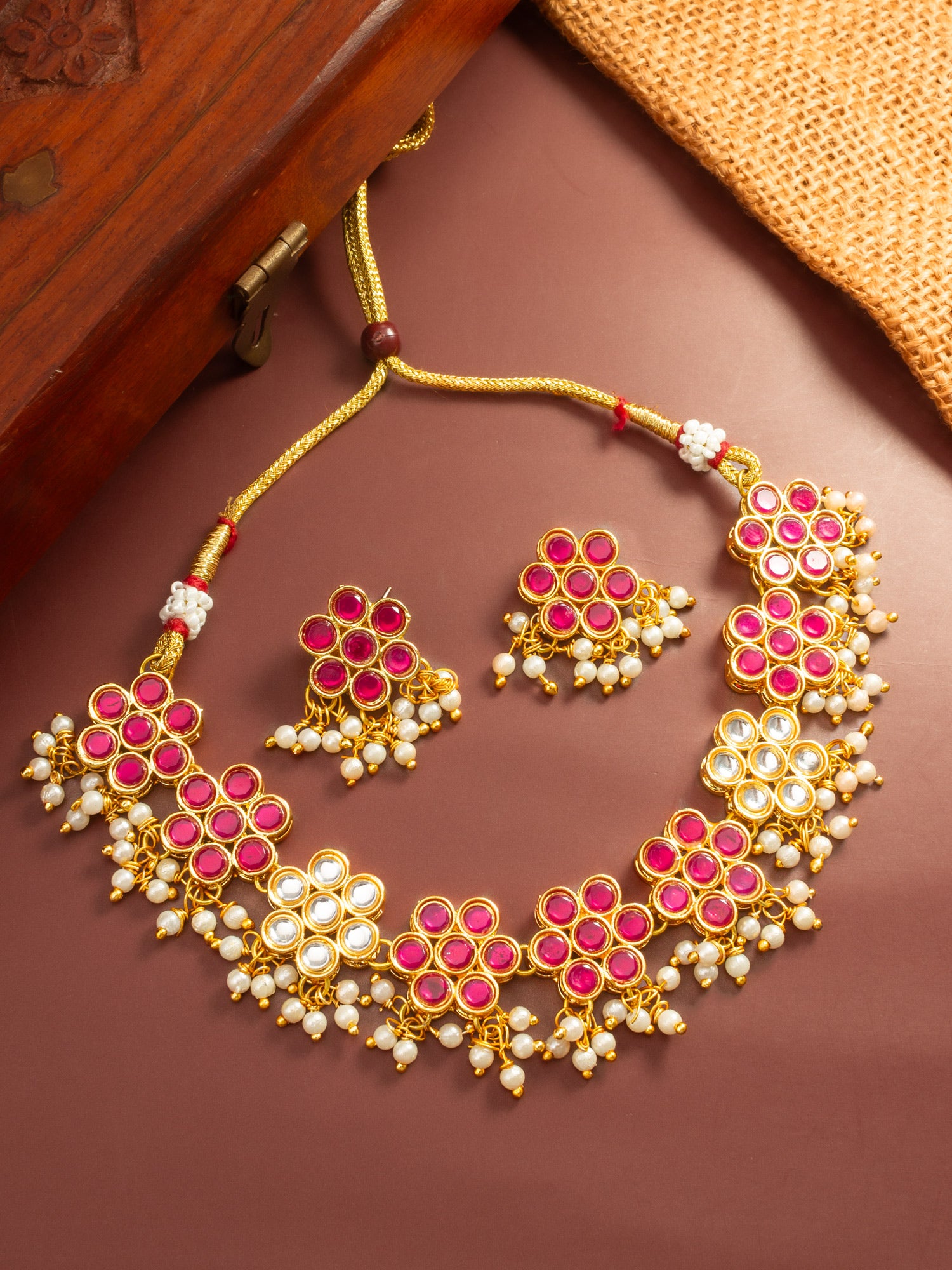 Aadita Gold Plated Pink Floral Kundan Necklace Set with Pearl Drops