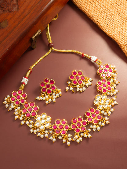 Aadita Gold Plated Pink Floral Kundan Necklace Set with Pearl Drops