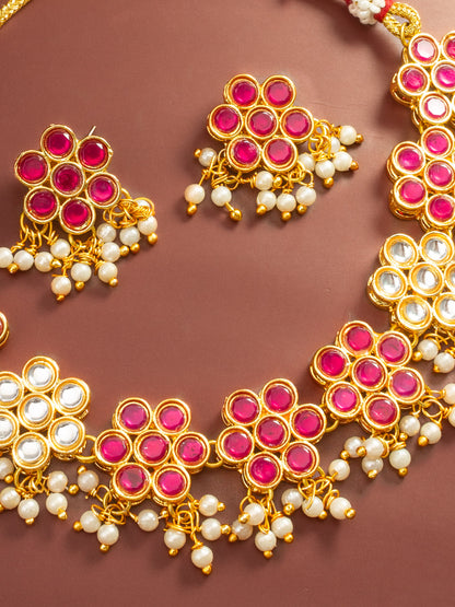Aadita Gold Plated Pink Floral Kundan Necklace Set with Pearl Drops