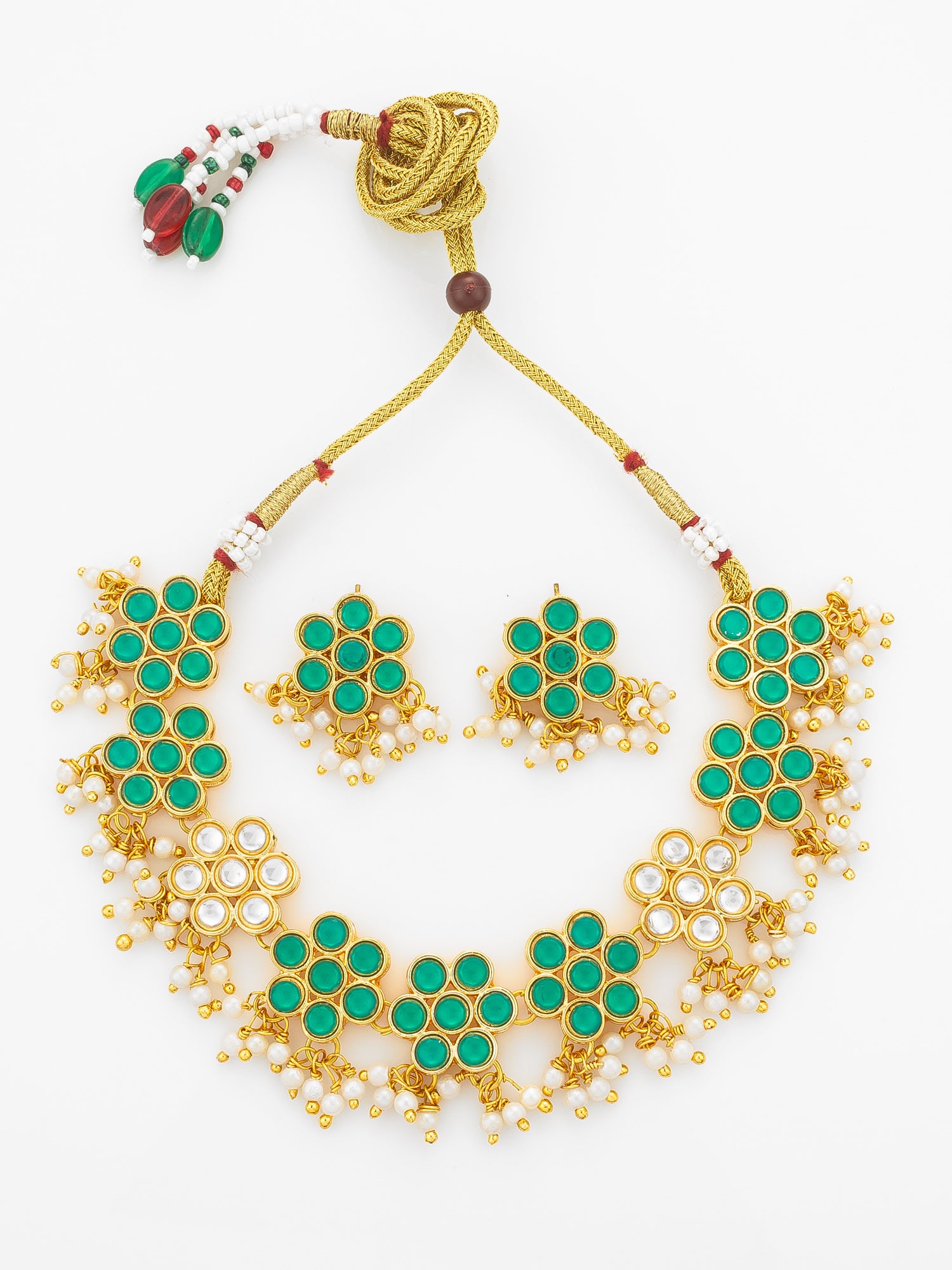 Aadita Gold Plated Green Floral Kundan Necklace Set with Pearls