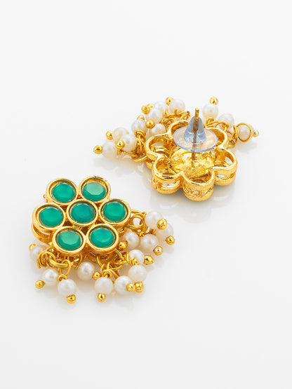 Aadita Gold Plated Green Floral Kundan Necklace Set with Pearls