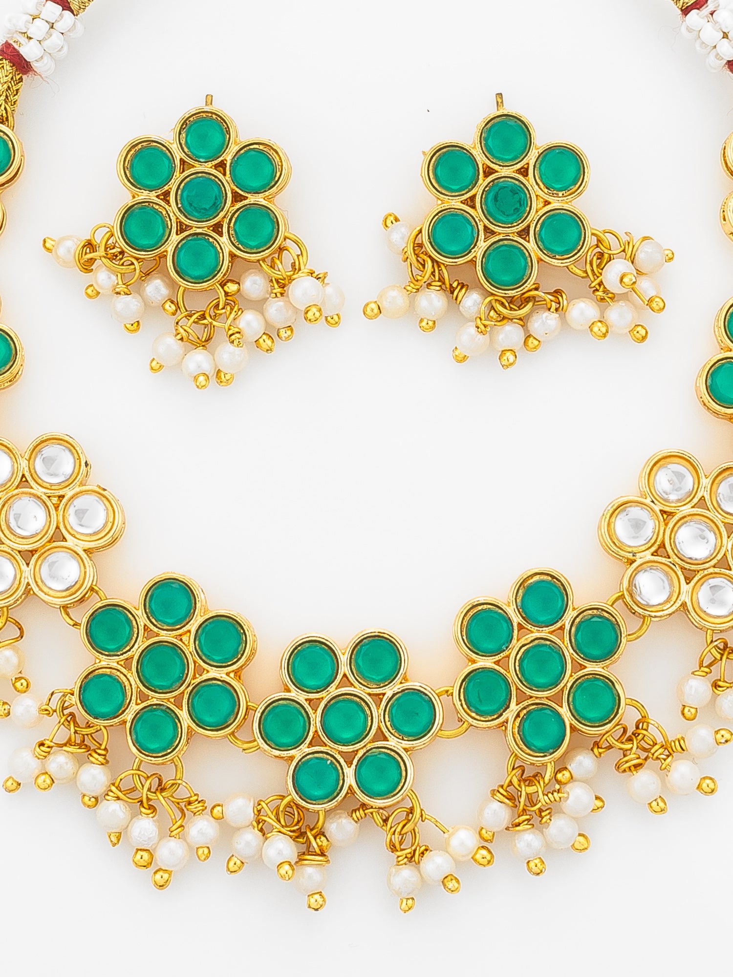Aadita Gold Plated Green Floral Kundan Necklace Set with Pearls