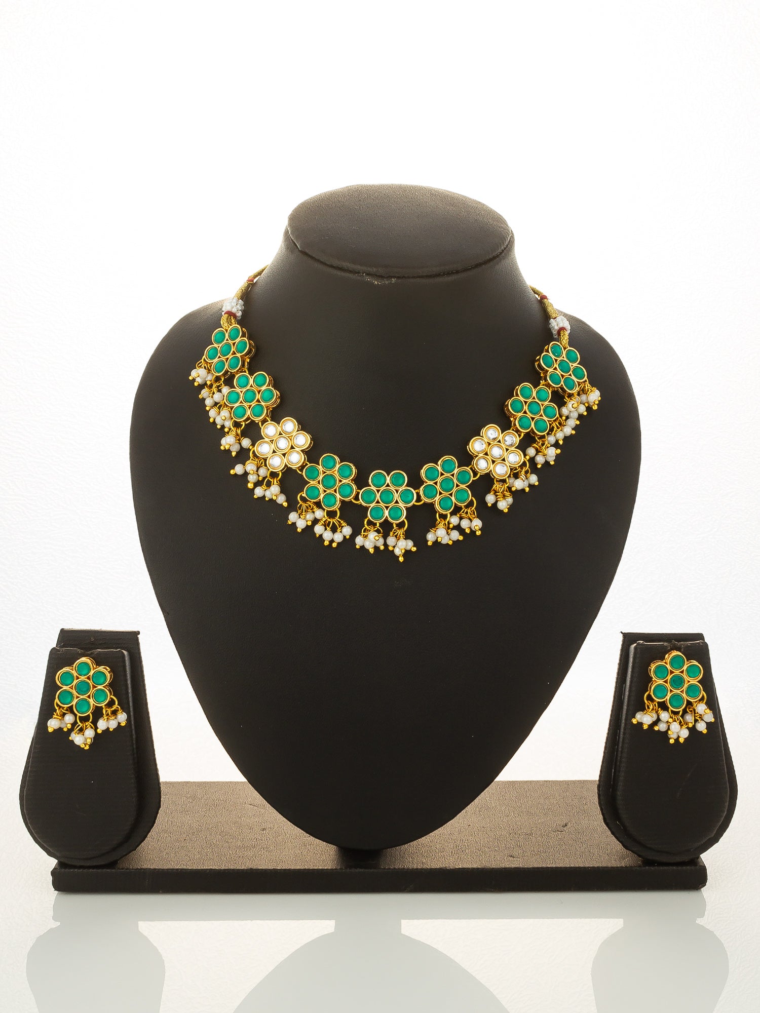 Aadita Gold Plated Green Floral Kundan Necklace Set with Pearls