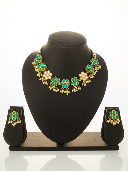 Aadita Gold Plated Green Floral Kundan Necklace Set with Pearls