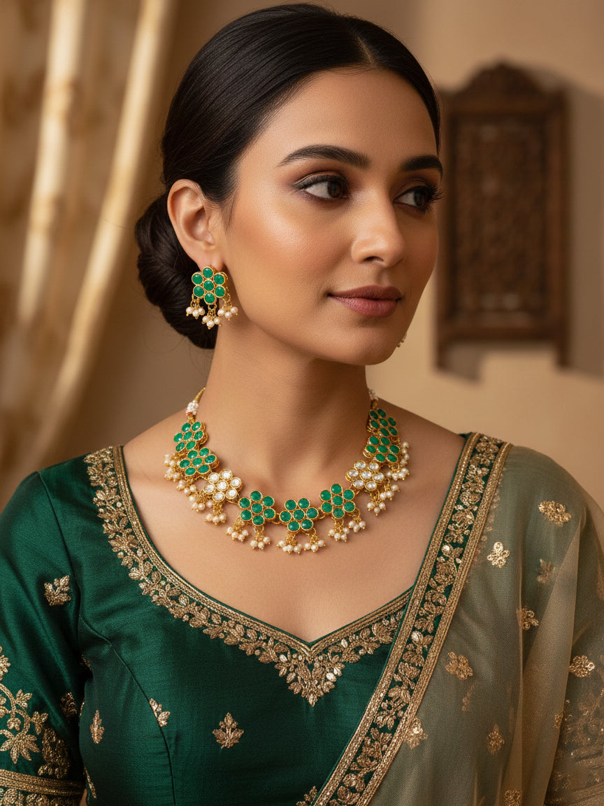 Aadita Gold Plated Green Floral Kundan Necklace Set with Pearls