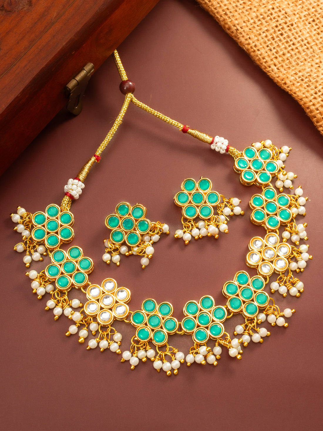 Gold Plated Green Floral Kundan Necklace Set with Pearls