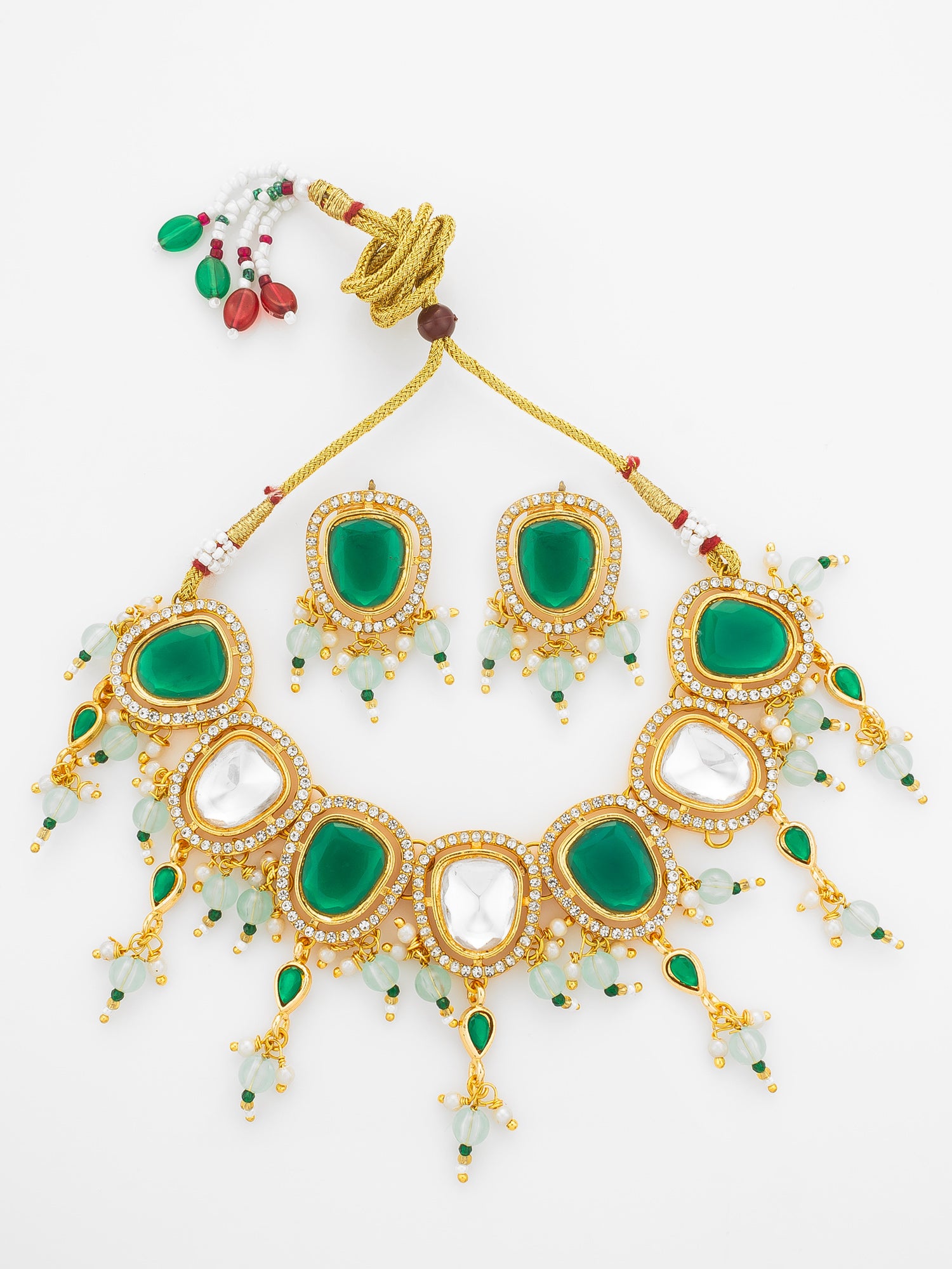 Aadita Gold Plated Green and White Kundan Statement Necklace Set