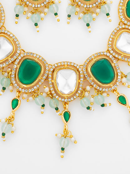 Aadita Gold Plated Green and White Kundan Statement Necklace Set