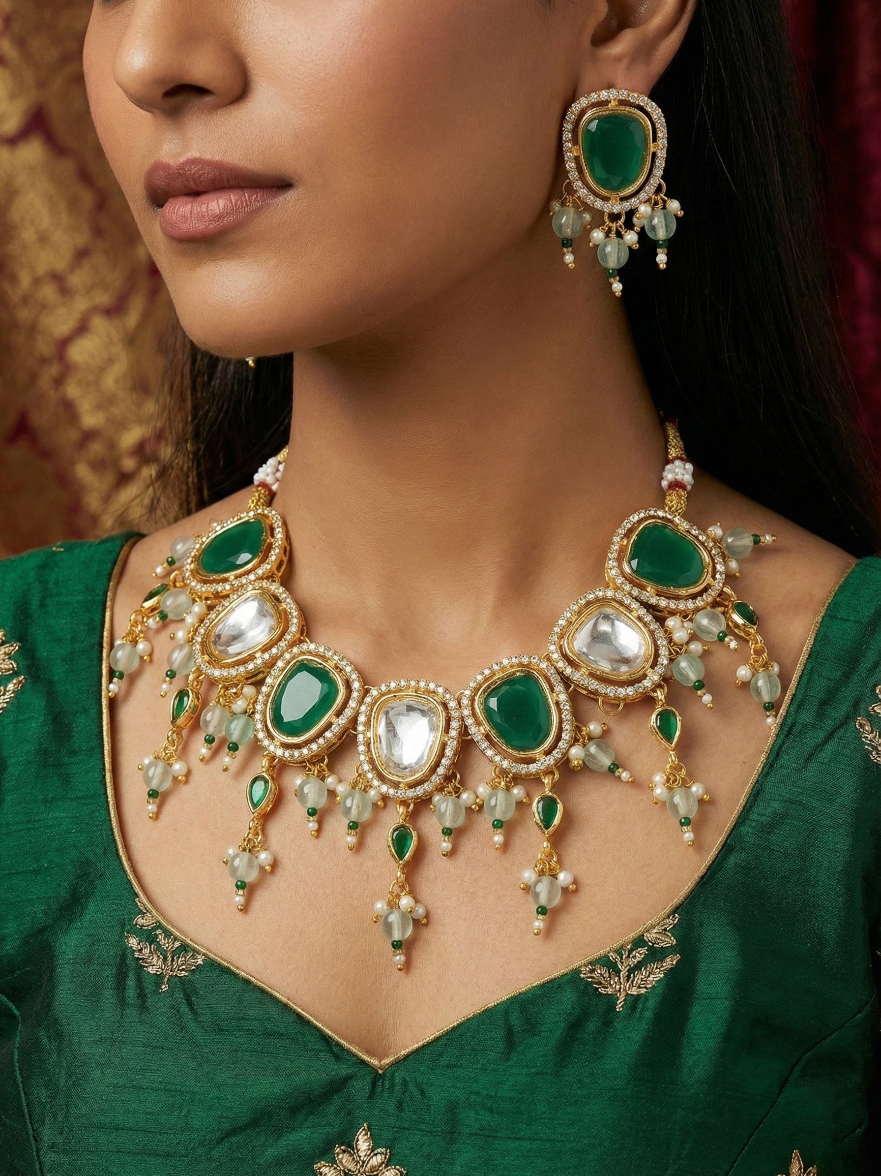 Aadita Gold Plated Green and White Kundan Statement Necklace Set