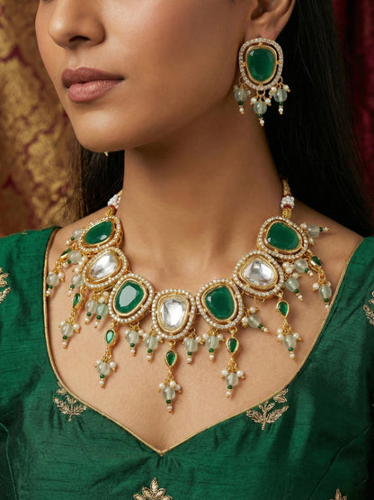 Aadita Gold Plated Green and White Kundan Statement Necklace Set