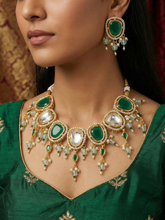 Aadita Gold Plated Green and White Kundan Statement Necklace Set