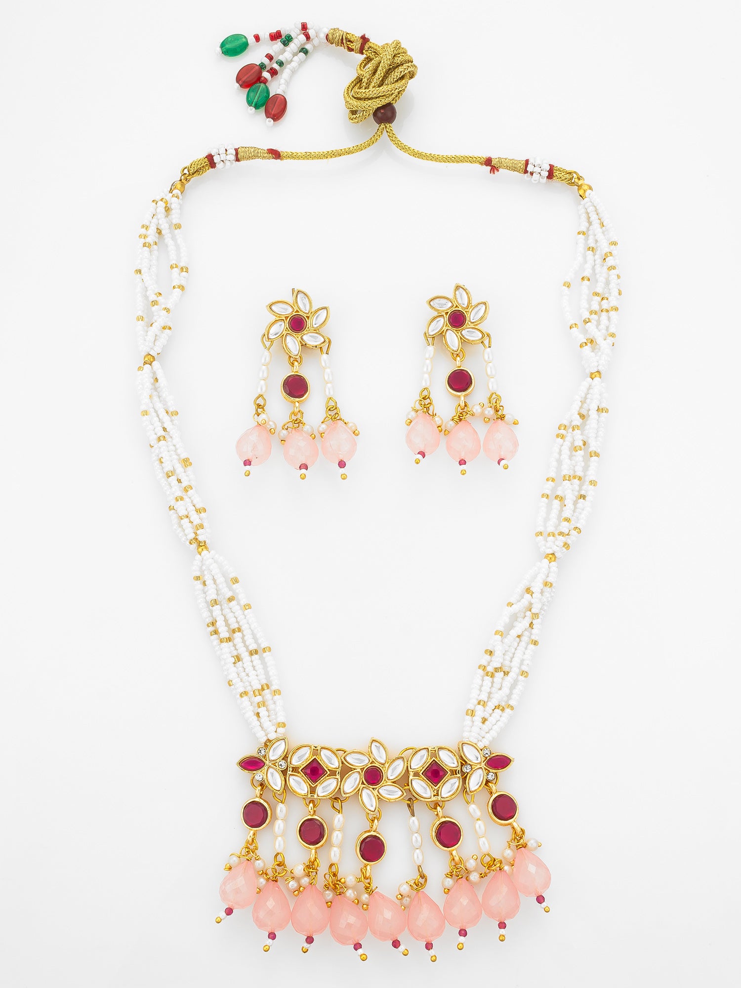 Aadita Gold Plated Multi Strand Pearl Necklace with Ruby Red Pendant