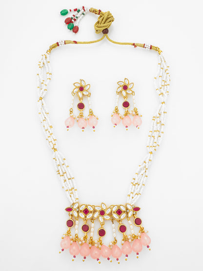 Aadita Gold Plated Multi Strand Pearl Necklace with Ruby Red Pendant