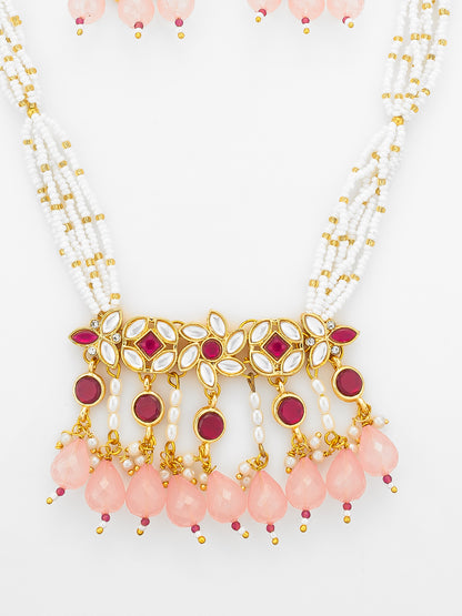 Aadita Gold Plated Multi Strand Pearl Necklace with Ruby Red Pendant