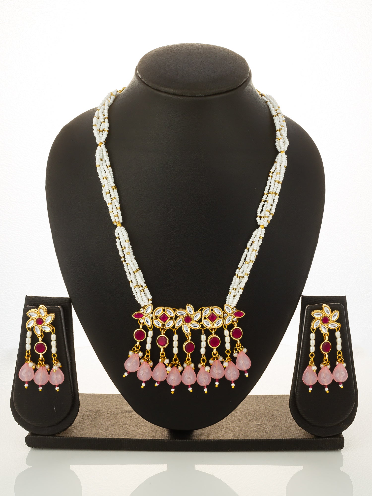 Aadita Gold Plated Multi Strand Pearl Necklace with Ruby Red Pendant